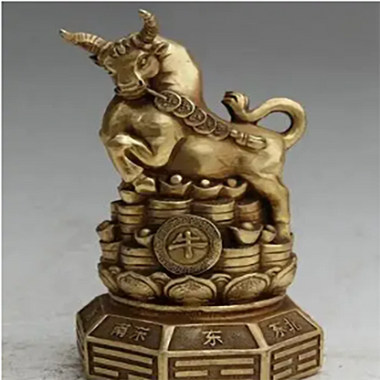 8" Chinese Brass Folk Wealth Feng Shui Zodiac Year Bull Oxen Statue sculpture