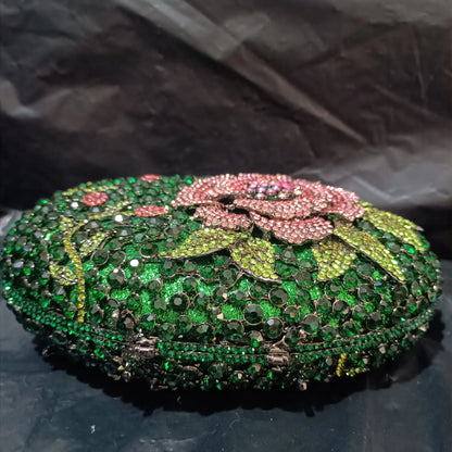 Woman Green Pink Flower Diamond Stone Bag Banquet Formal Party Crystal Floral Purse Wedding Bridal Hollow Elegant Gala Handbag