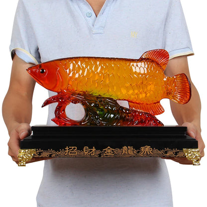 Business Bring in wealth treasure Money Drawing TOP Talisman # Gold Dragon Fish Arowana FENG SHUI art statue