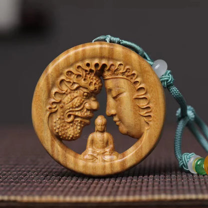 Green sandalwood carving  and  a moment's contemplation of the Buddha's  magic  bag  pendant, car decoration, Guanyin Buddha