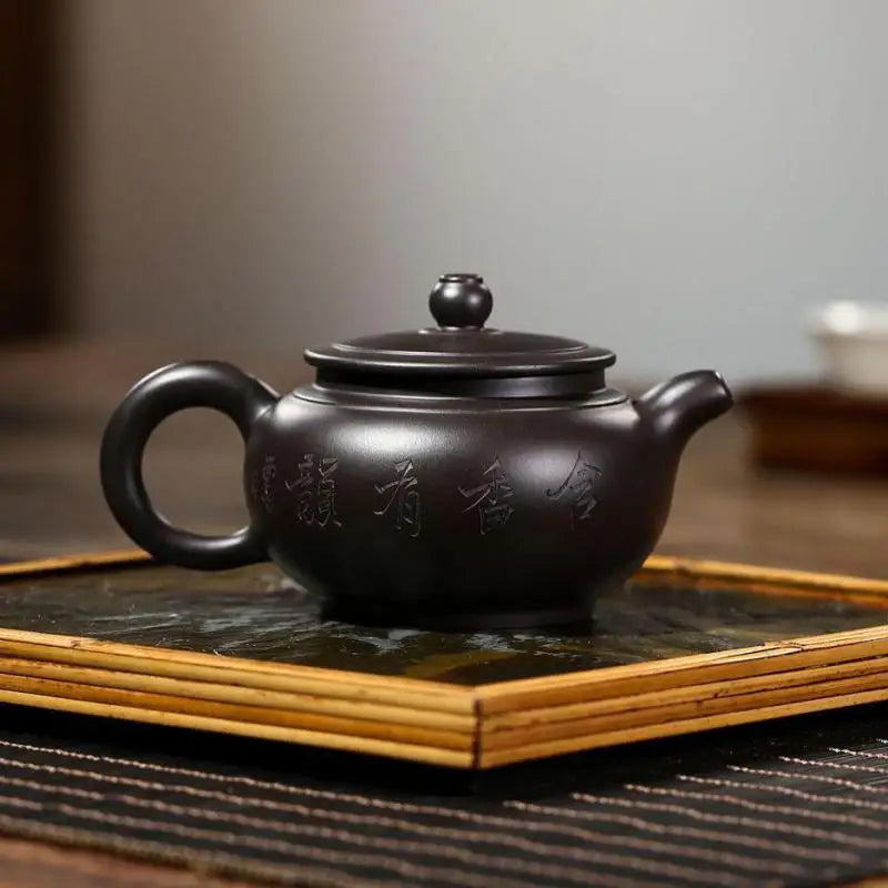 Zisha Teapot Yixing Handmade Pot, Kung-Fu Teaware, Purple Clay Drinkware for Puer Green Black Chinese Tea, Black Vermilion Clay