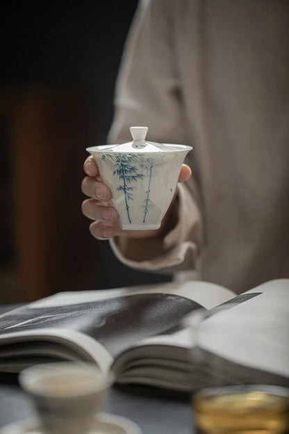 Elegant Bamboo Tea Tureen Chinese Gongfu Teaware Handmade Ceramic Gaiwan for Tea Pigmented High Grade Tea Bowl Cups