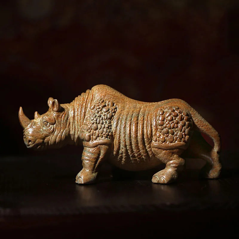 XS763- 11.5 CM Strong Rhino Green Sandalwood Sculpture Animal Decoration Craft Gift Miniatur Ornaments