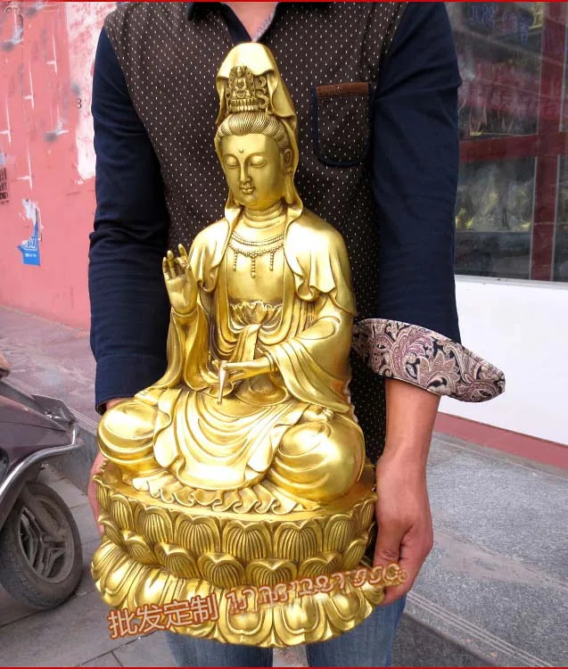 WOW-55CM Large HUGE -HOME lobby Temple efficacious Talisman protection GOLD Nanhai Guanyin Buddha brass carving Sculpture statue