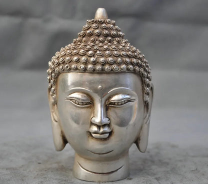 Copper Brass Home Metal Crafts Tibet Tibetan Buddhism White Copper Shakyamuni Buddha Head Bust Statue Figurine