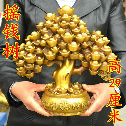 TOP GOOD  HOME lobby office Shop Company FENG SHUI Money Drawing Talisman Good luck Gold ingot Money tree brass statue 29CM