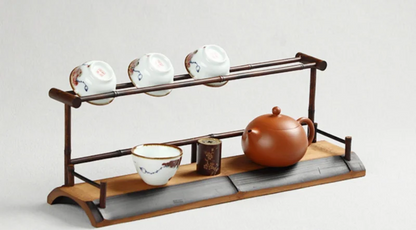 Hand made bamboo teacup rack drainage rack Chinese retro double-layer cup rack teapot tea set display taccessories