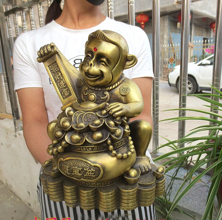 LARGE office home shop company lobby thriving business Money Drawing GOOD LUCK Mascot# gold money Monkey FENG SHUI Brass statue