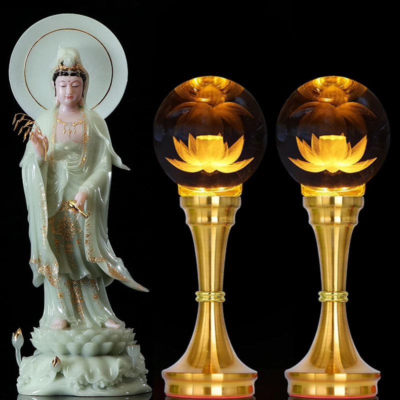 2P # Wholesale Buddhism supply HOME temple altar worship tool crystal GUAN YIN Buddha Lamp God of wealth Light  27cm large