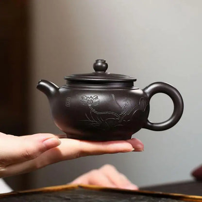 Zisha Teapot Yixing Handmade Pot, Kung-Fu Teaware, Purple Clay Drinkware for Puer Green Black Chinese Tea, Black Vermilion Clay