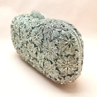 Silver Hollow Out Flower Crystal Wedding Party Clutch Bag Woman Floral Diamond Prom Evening Purse Bridal Dinner Handmade Handbag