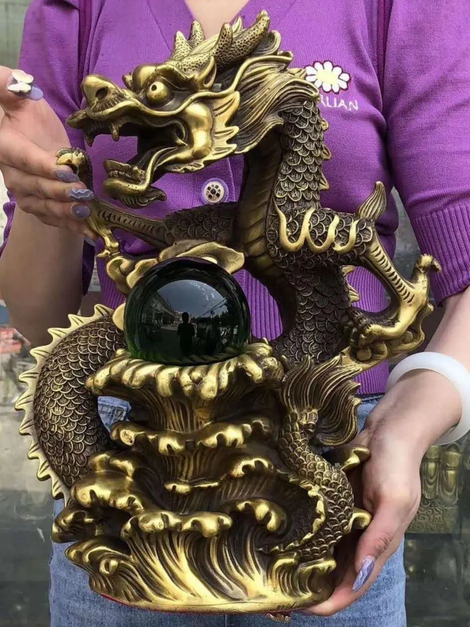 GOOD  Good LUCK Auspicious wealth dragon Crystal ball Luck Feng Shui talisman brass Sculpture statue Home office Decor ART