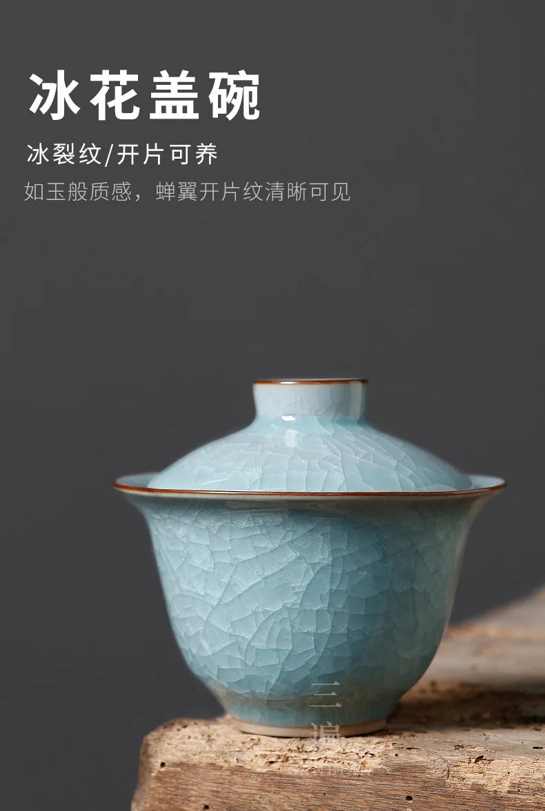 Ice Crack Ru Ware Natural Crack Supportable Gaiwan Porcelain Kung Fu Tea Set Longquan Celadon Tea Brewing Bowl Large