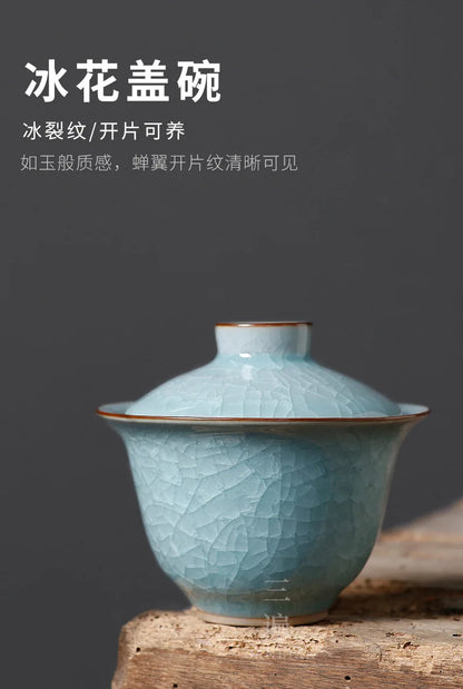 Ice Crack Ru Ware Natural Crack Supportable Gaiwan Porcelain Kung Fu Tea Set Longquan Celadon Tea Brewing Bowl Large