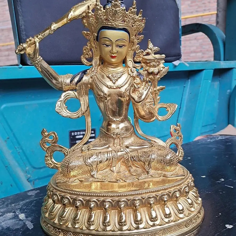 Asia Buddhism home temple altar Worship Manjusri Guanyin Bodhisattva  Buddha brass gilding statue bless Safety Health good luck