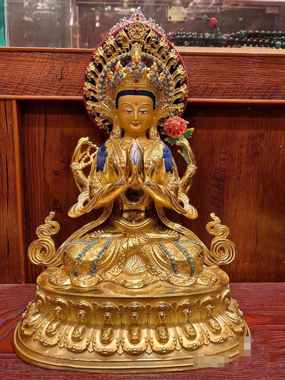 36cm large 5A Buddhism gilding copper Buddha statue HOME Exorcism family protection safety worship Four armed Guanyin Buddha