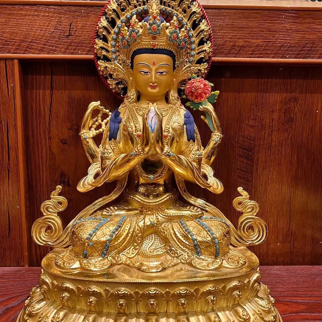 36cm large 5A Buddhism gilding copper Buddha statue HOME Exorcism family protection safety worship Four armed Guanyin Buddha