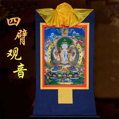 Wholesale Buddhist supplie HOME temple Efficacious protective talisman Four arm Guanyin bodhisattva Thang-ga Thangka painting
