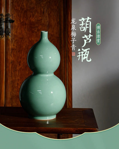 Guanfu Museum Recommended Guanfu Longquan Green Reward-Longquan Zi-Qing Mei Double-Gourd Vase Antique Celadon Handmade Handmade