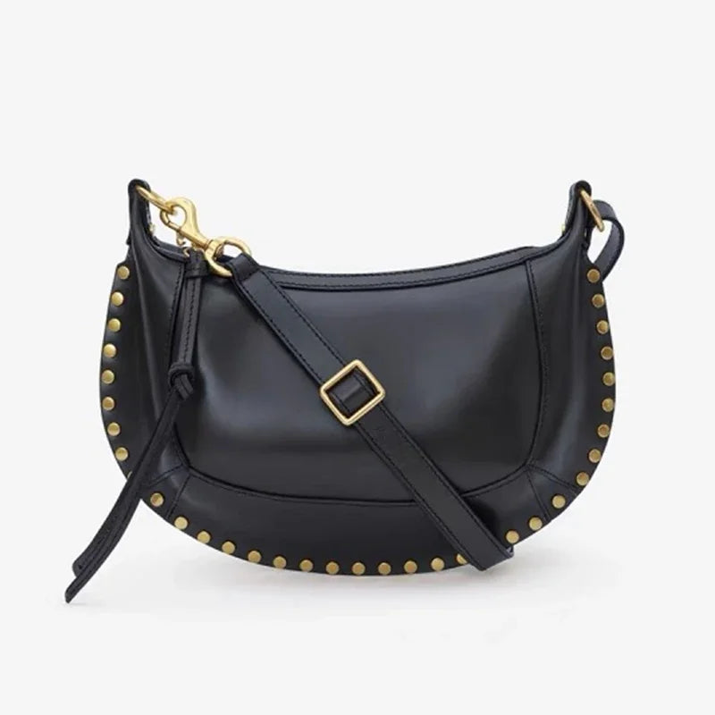 2024 New Style Women Cowhide Saddle Bag Rivet Decoration Adjustable Shoulder Strap Fashion Ladies Shoulder Bag Zipper Handbag