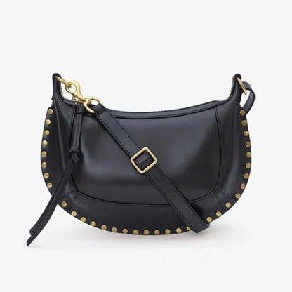 2024 New Style Women Cowhide Saddle Bag Rivet Decoration Adjustable Shoulder Strap Fashion Ladies Shoulder Bag Zipper Handbag