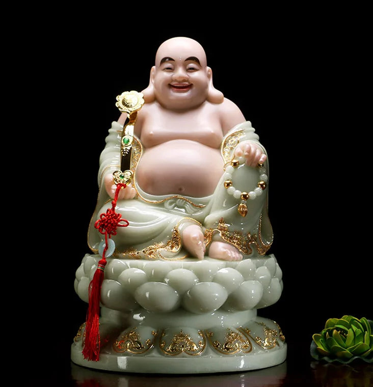 high grade home shop TOP Talisman Mascot Maitreya God of wealth Buddha jade gilding carving Sculpture statue  30cm