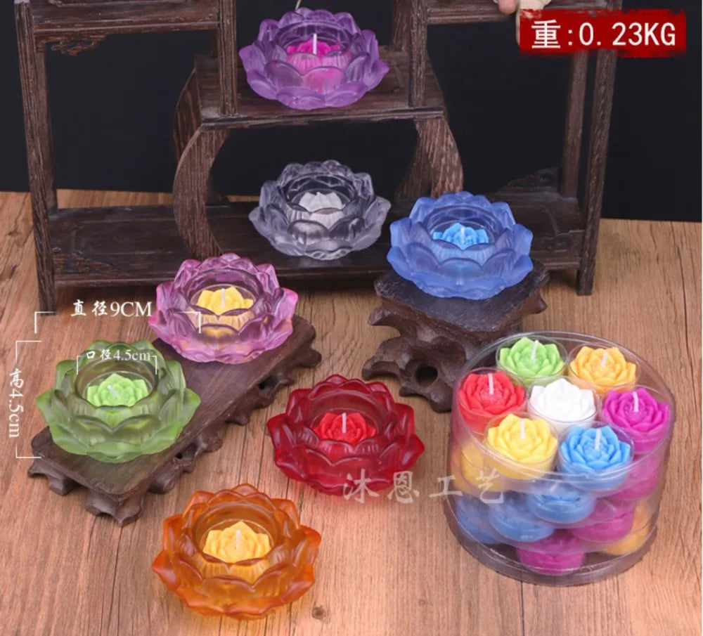 A SET # Asia HOME family Protection Talisman Worship censer 7 Color Glaze crystal Lotus saintly temple Holy Lotus flower lamp