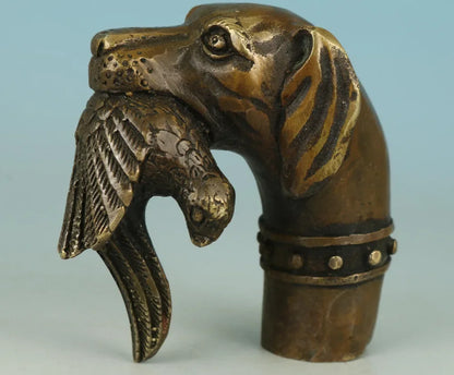China Exquisite Handwork Carving Bronze  dog Statue Cane Head Walking Stick