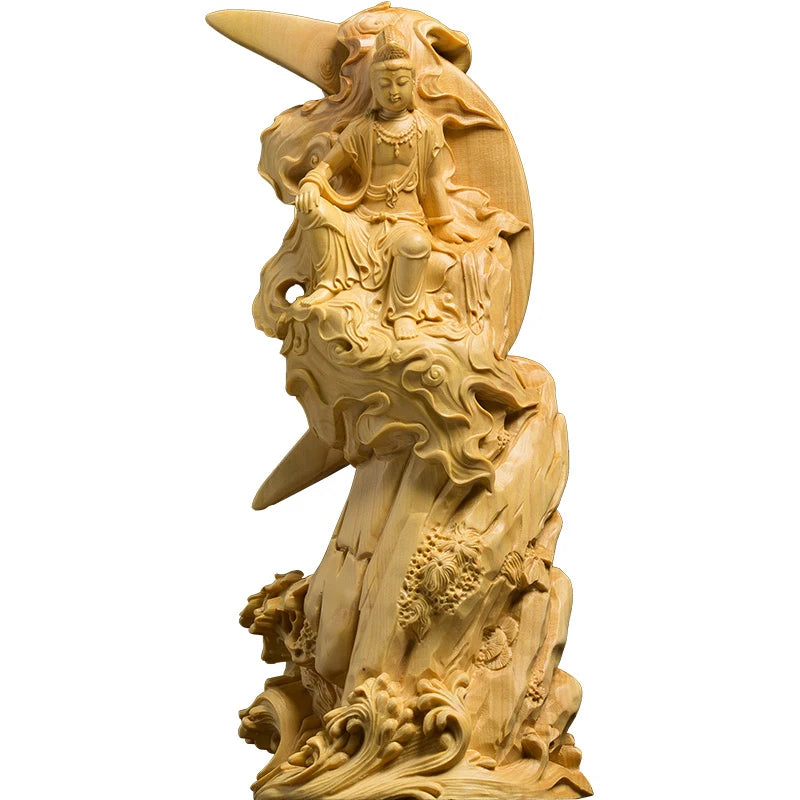 Boxwood carving image Solid wood home decoration crafts figure wood sculpture ornaments Water moon Avalokitesvara