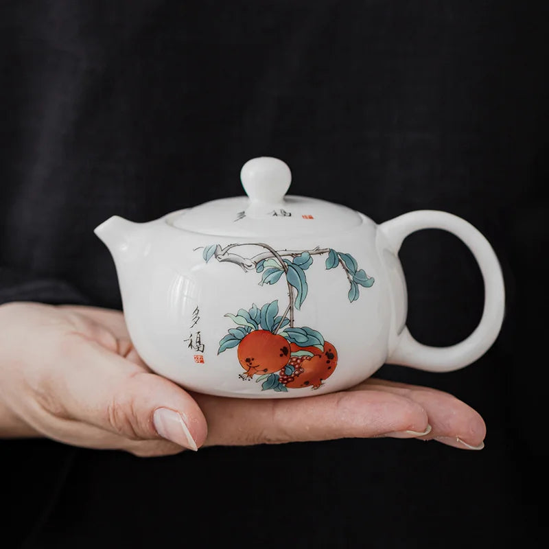 120ml Exquisite Suet Jade Ceramic Teapots Hand Painted Fruit Pattern Tea Pot Travel Portable Kettle Chinese Handmade Tea Set