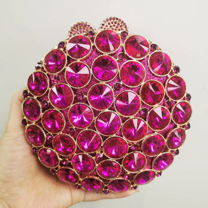 Round Shape Woman Red Pink Gold Diamond Handbag Mini Metal Crystal Banquet Toted Evening Bag Wedding Bridal Party Dinner Purse