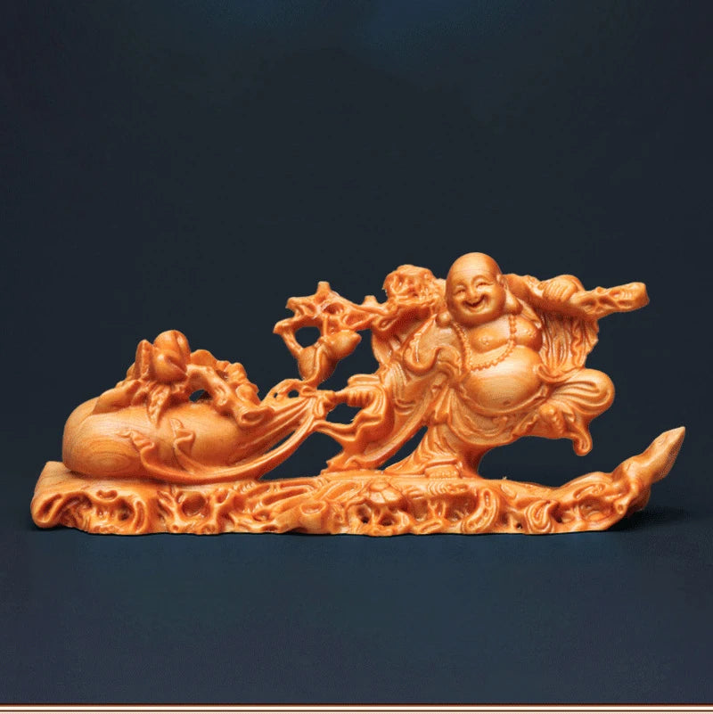 Solid Wood Carving Cloth Bag Maitreya Buddha Statue Decorative Lucky Statue Figurines Traditional Hand Carving Home Room