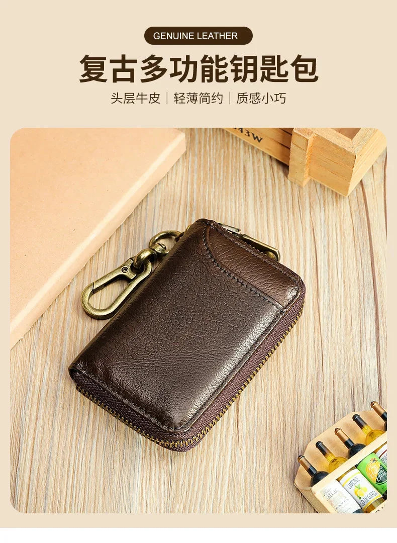 Genuine Leather chain Men Holder Organizer Pouch Coin Purse Cow Split Car Wallet Housekeeper Key Case Mini Card Bag