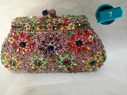 Woman Purple Diamond Colorful Flower Metal Evening Purse Birthday Party Bridal Dinner Handbag Crystal Wedding Elegant Clutch Bag