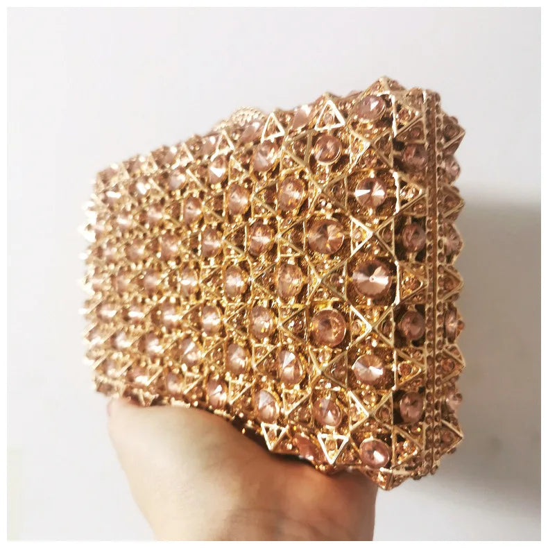 Woman Gold Champagne Elegant Diamond Party Handbag Hollow Out Crystal Stone Evening Purse Wedding Bridal Rhinestone Clutch Bag