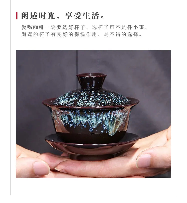 Blue Star Glaze Gai Wan Tea Set Cover Bowl Tea Cups Chinese Soup With Lid Bowl Lotus Hand Drawing Porcelain Gaiwan Bar