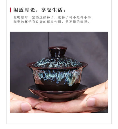 Blue Star Glaze Gai Wan Tea Set Cover Bowl Tea Cups Chinese Soup With Lid Bowl Lotus Hand Drawing Porcelain Gaiwan Bar
