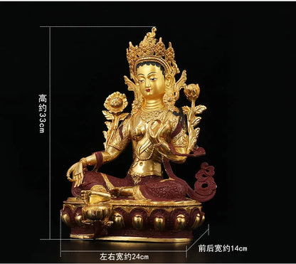 33CM Large HOME buddha statue Talisman Nepal Tibetan Buddhism Guanyin Green Tara Bodhisattva Buddha Gold-plated brass statue