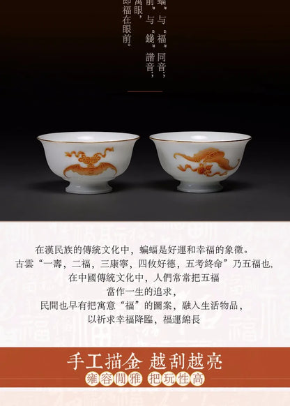 Guanfu Museum Jingdezhen Tea Set Blessing Within Sight Couple Cups Manual Painting Golden Hand Painted Alum Red Color Tea Cup Ku