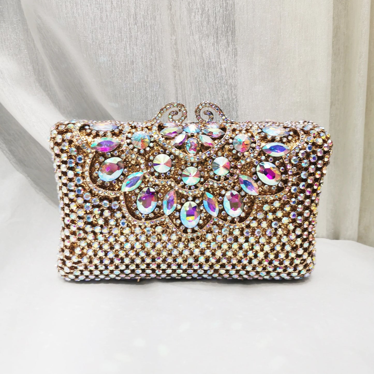Woman Gold AB Crystal Dinner Party Evening Bag Cocktail Prom Female Hollow Floral Handbag Wedding Bridal Flower Diamond Purse
