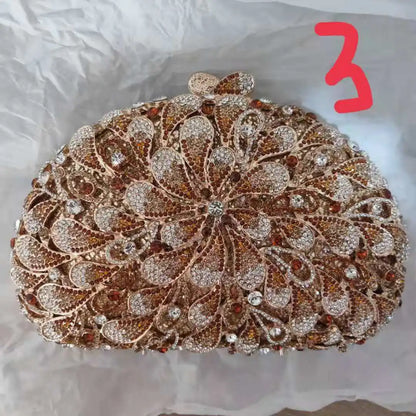 Woman Red Green Brown Diamond Flower Evening Purse Bridal Prom Floral Metal Handbag Wedding Party Crystal Toted Gala Clutch Bag