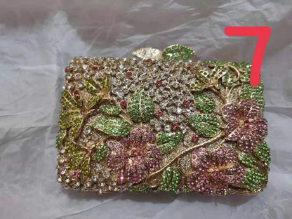 Woman Elegant Floral Diamond Evening Purse Flower Crystal Wedding Bridal Clutch Bag Party Dinner Banquet Metal Female Handbag