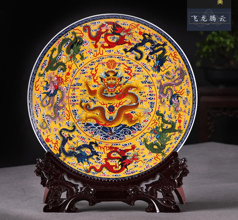 BEST business present office home TOP protection talisman # Exorcise evil spirits royal Flying dragon FENG SHUI porcelain plate
