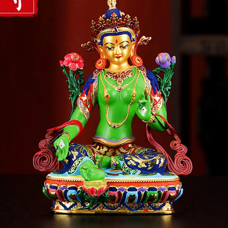 high grade colored draw Buddha statue -bless family Safety Health luck efficacious Talisman Green Tara Guanyin Buddha statue