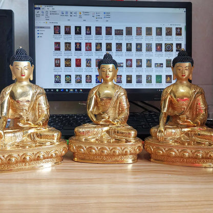 A set 3P Sakyamuni Medicine Amitabha buddha statue Buddhism temple HOME gilded copper Buddha statue bless safe health good luck