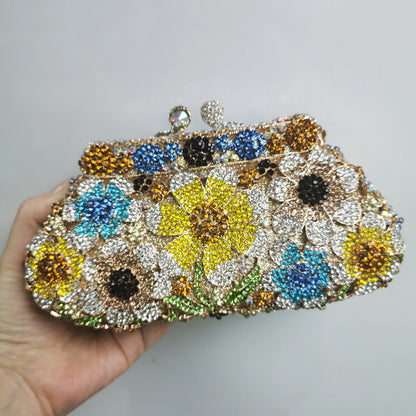 Woman Purple Silver Gold Multicolores Diamond Handbag Flower Floral Crystal Wedding Bridal Romantic Bag Party Dinner Gala Purse