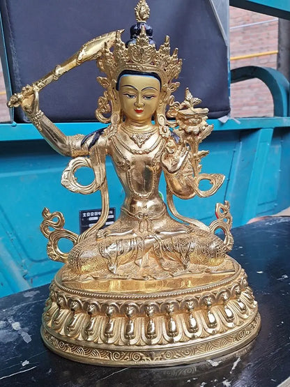 Asia Buddhism home temple altar Worship Manjusri Guanyin Bodhisattva  Buddha brass gilding statue bless Safety Health good luck