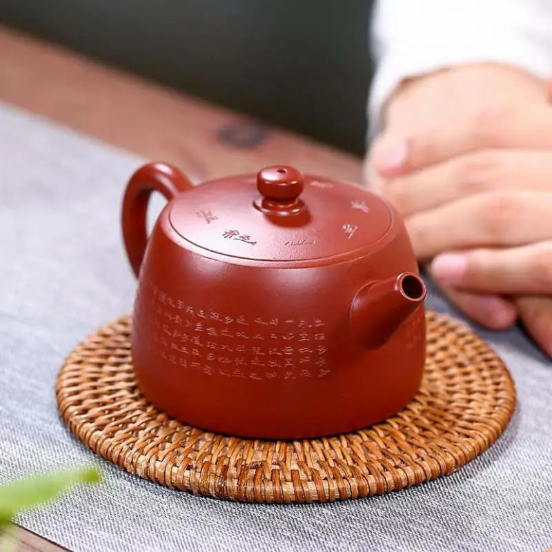 Hand-carved Heart Sutra Well Barrel Pot, Zisha Teapot, Yixing Handmade Pot, Kung-Fu Teaware, Purple Clay Drinkware for Puer