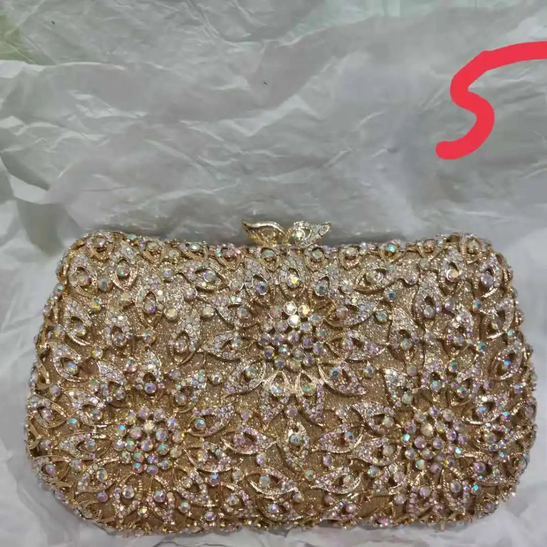 Woman Gold Colorful Flower Diamond Clutch Hollow Out Floral Evening Purse Wedding Bridal Rhinestone Bag Party Crystal Handbag