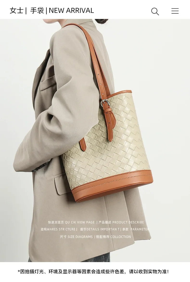 Spring New Style Genuine Leather Contrasting Color Woven Large-capacity One-shoulder Bucket Tote Bag for Ladies and Mature Women